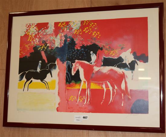 Paul Guiramand (1926-2008), artist proof lithograph, Foro Romano, signed in pencil, and another of racehorses 75 x 55cm and 54 x 73cm